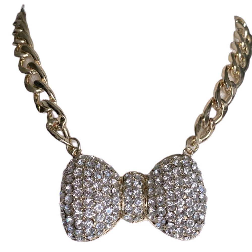 NWT-BOUTIQUE-NECKLACE-GOLD TO E WITH RHINESTONE BOW